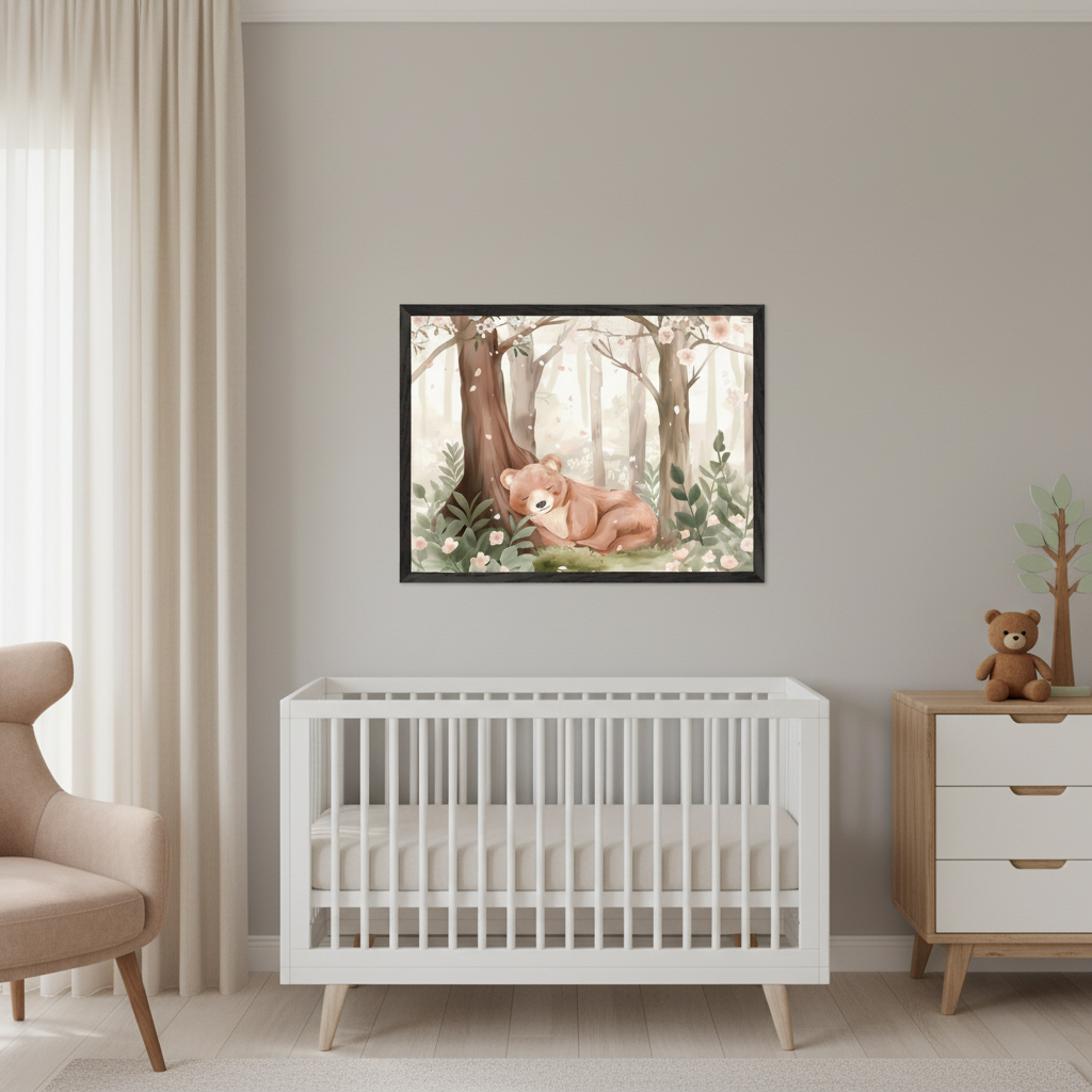 Modern nursery with a white crib, beige armchair, and wood dresser. A framed print of a sleeping brown bear in a forest with pink flowers and trees, in a gentle watercolor style, hangs centered above the crib.