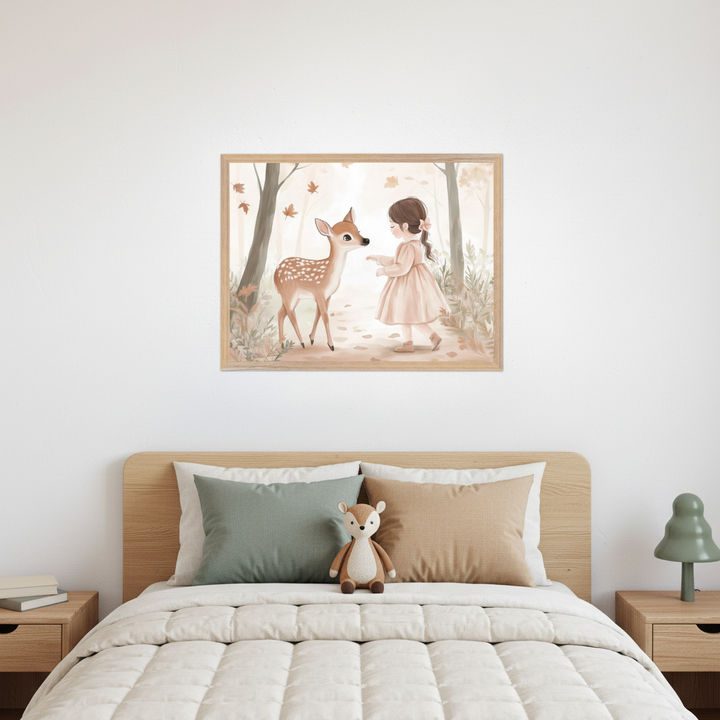 Kid's bedroom with a natural wood bed and two matching nightstands. Centered above the bed, a framed painting shows a girl feeding a fawn in a soft-toned autumn forest, in an illustrative style. The bed has a white duvet, sage green and tan pillows, and a deer plush toy. A green lamp is on the right nightstand.