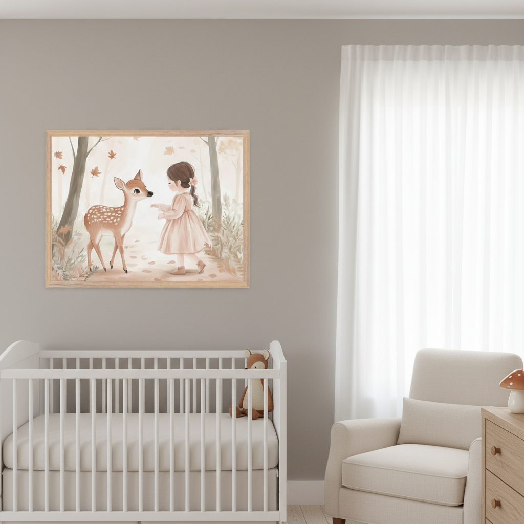 Nursery with a white crib and beige armchair. A framed illustration of a young girl with a fawn in an autumnal forest hangs centered above the crib on a gray wall. White curtains are on the right.
