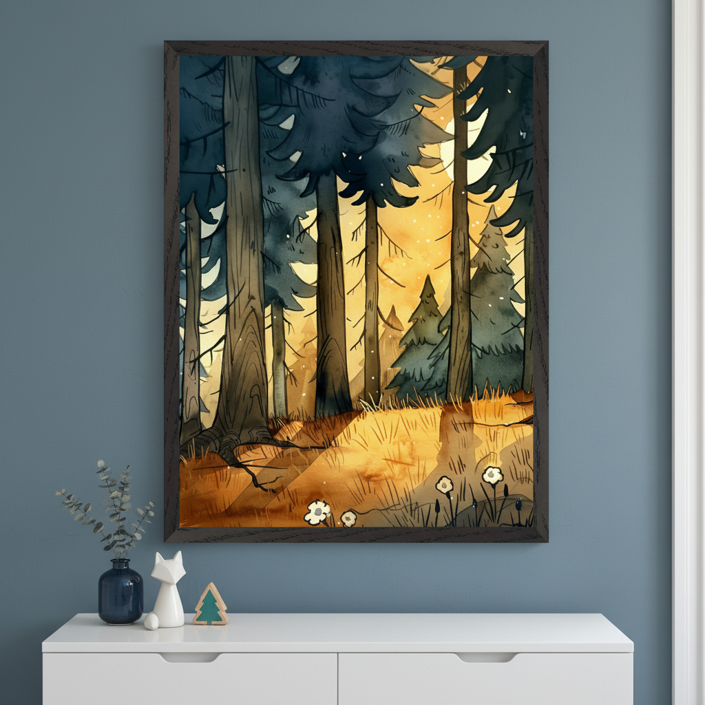 Modern room with blue wall, white dresser. Framed watercolor painting of a forest at sunset, with tall trees, golden light, and white flowers, hangs centered above the dresser. Vase, fox figurine, small wooden tree on dresser.