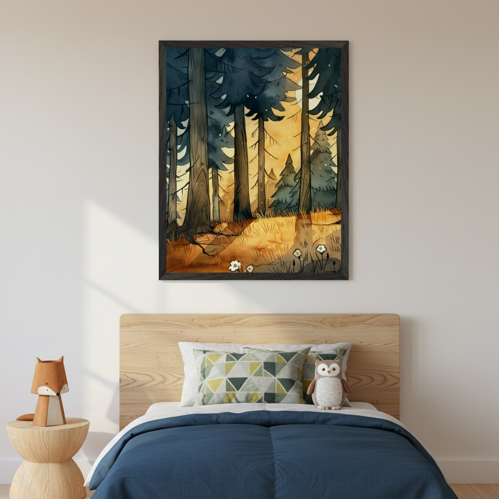 Kid's bedroom with a wooden headboard bed, blue comforter, and patterned pillow. A large framed watercolor painting of a forest with tall trees, a path, and a warm glow hangs centered above the bed. A wooden fox toy sits on a small wooden stool beside the bed.