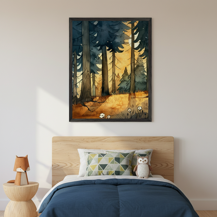 Kid's bedroom with a wooden headboard bed, blue comforter, and patterned pillow. A large framed watercolor painting of a forest with tall trees, a path, and a warm glow hangs centered above the bed. A wooden fox toy sits on a small wooden stool beside the bed.