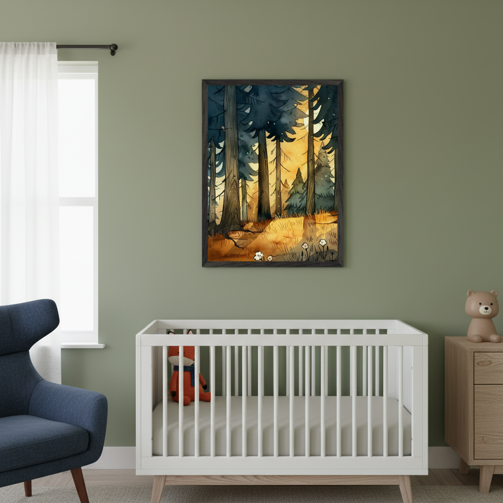 Modern nursery with a white crib, blue armchair, and wooden dresser. A framed stylized illustration of a forest with tall trees and golden light hangs on the green wall above the crib.