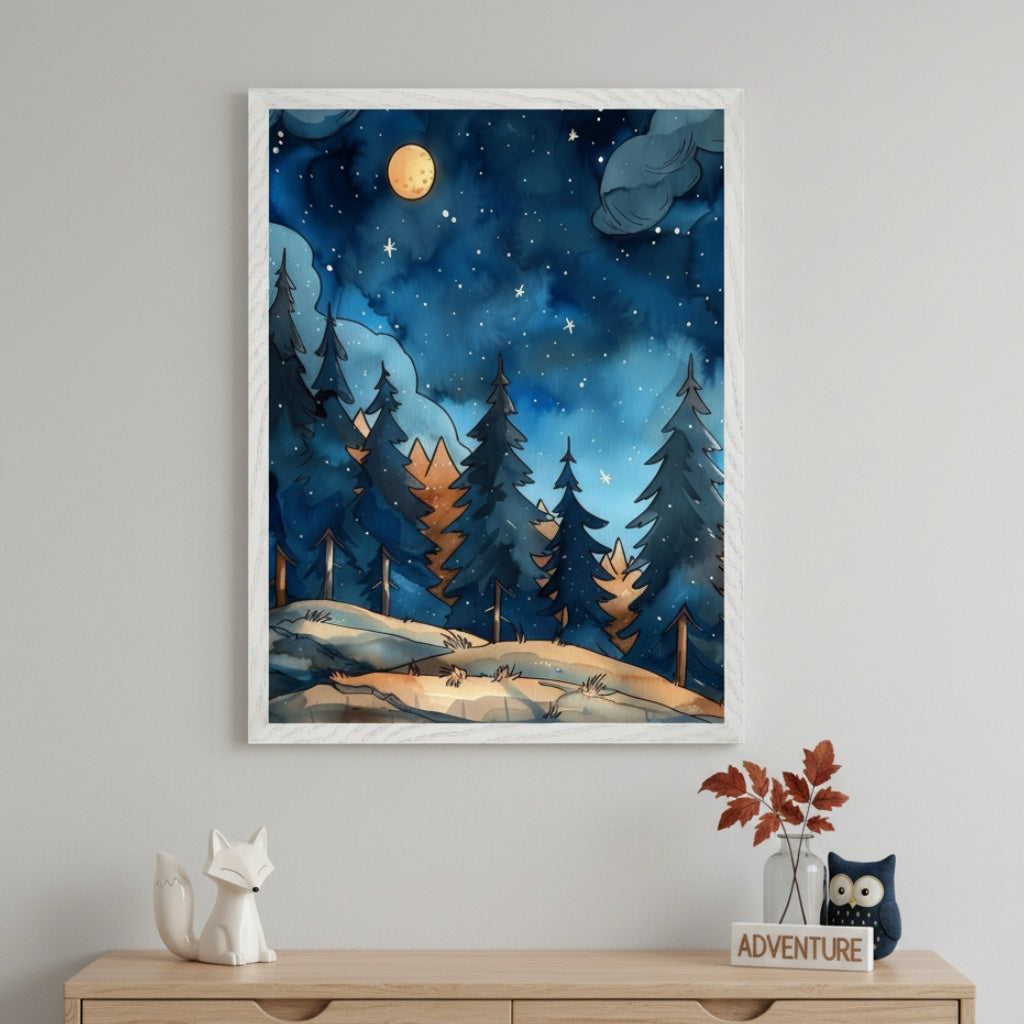 Modern room with a light wood dresser. A framed watercolor painting of a starry night forest with a full moon and blue pine trees hangs above the dresser. Decor includes a white fox, an "ADVENTURE" sign, and a blue owl.