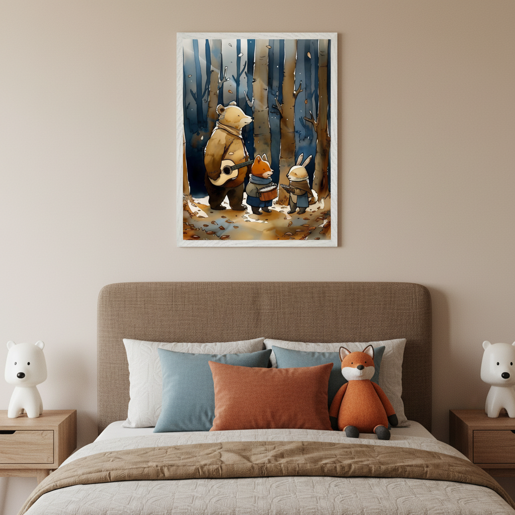 Kid's bedroom with a bed and two nightstands. A framed watercolor print of a bear playing guitar, a fox playing drums, and a rabbit playing a flute walking in a forest hangs centered above the bed.