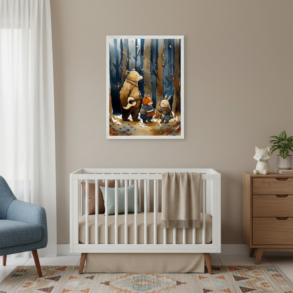 Modern nursery with a white crib and a wooden dresser. Above the crib, a framed watercolor painting depicts a bear playing a guitar, a fox playing drums, and a rabbit playing a flute in a dark forest setting. A blue armchair is to the left.