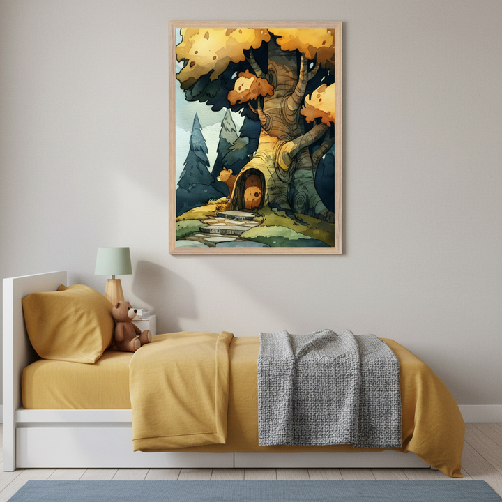 Kid's bedroom with a white twin bed, yellow bedding, and a gray throw blanket. A small white nightstand with a lamp and teddy bear is beside the bed. Above the bed hangs a framed watercolor painting of a large, old tree with a small door at its base, a bear, and a forest background.