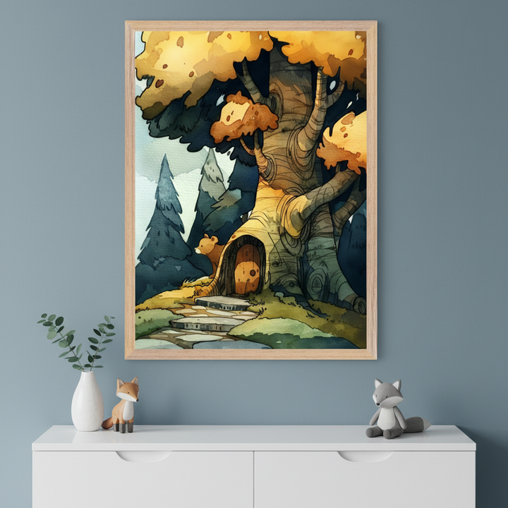 Framed whimsical illustration of a cozy treehouse built into a large, gnarled tree with golden autumn leaves, set in a forest of tall evergreens. A small bear peeks out from behind the tree near a round wooden door, with stone steps leading up through the mossy ground, adding a fairytale charm.