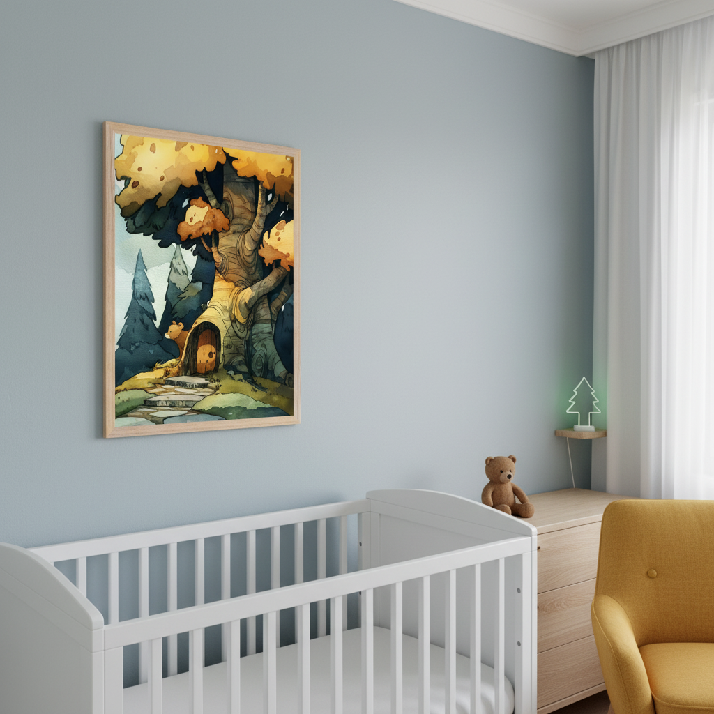 Modern nursery with a white crib, wooden dresser, and yellow armchair. A framed watercolor of a large, gnarled tree with a small door and autumn leaves hangs on the blue wall above the left side of the crib.