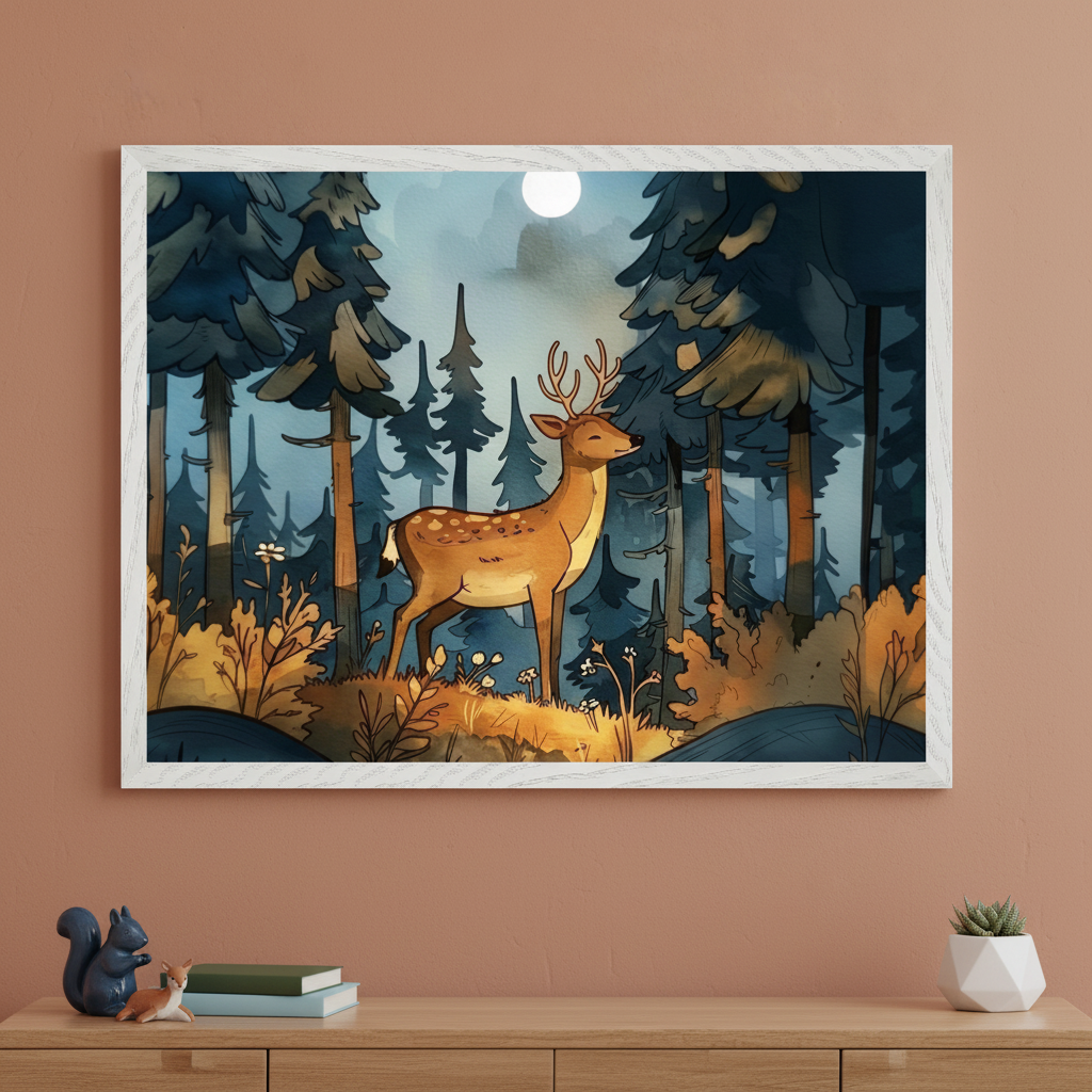 A framed art print shows a majestic deer standing in a moonlit forest clearing, surrounded by tall pine trees and soft underbrush in warm autumn tones. The full moon glows through a cloudy sky, casting gentle light over the scene and highlighting the deer’s spotted coat and antlers in a peaceful, storybook style.