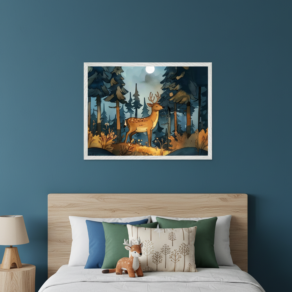 Kid's bedroom with a wooden bed and bedside table. Centered above the bed hangs a framed illustration of a deer with antlers in a moonlit pine forest, rendered in a watercolor style.