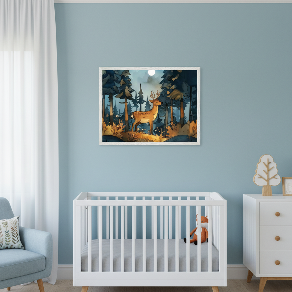 Modern nursery with a white crib, light blue armchair, and white dresser. A framed illustration of a buck in a dark forest under a moon hangs on the light blue wall, centered above the crib.