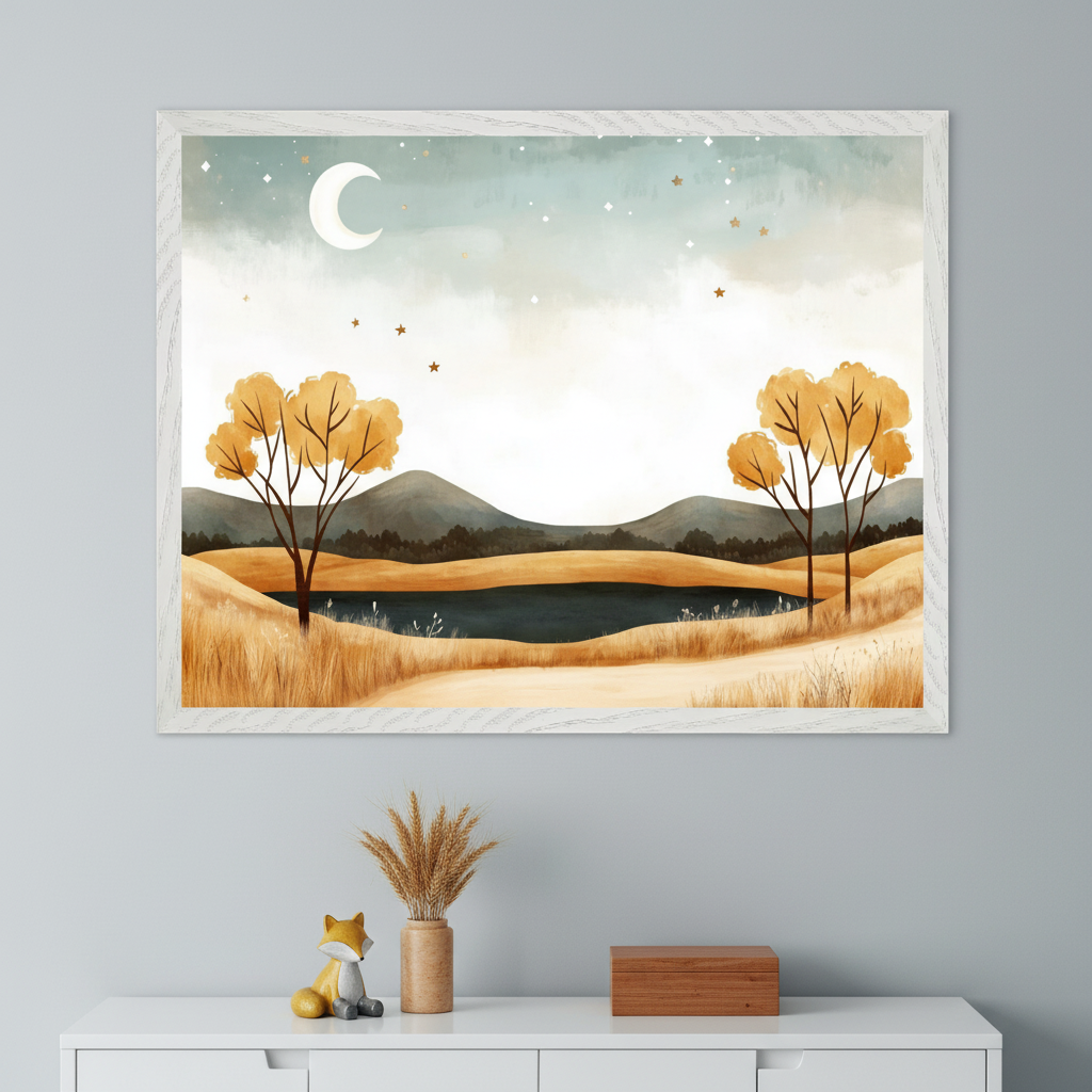 Framed wall art featuring a whimsical autumn landscape with golden trees, rolling hills, a serene lake, and a crescent moon in a starry sky. The artwork hangs above a white cabinet decorated with a small fox figurine, dried wheat in a vase, and a wooden box, adding a cozy, modern touch to the room.