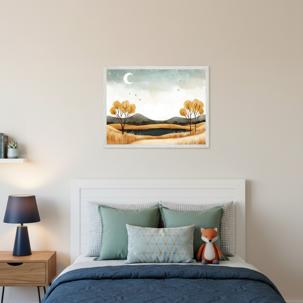 Kid's bedroom with a white bed, blue bedding, and a stuffed fox. A framed watercolor landscape painting featuring golden trees, a lake, hills, and a crescent moon in a starry sky hangs centered above the bed. A blue lamp is on a wooden nightstand.