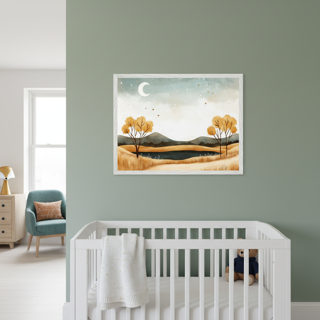 Modern nursery with sage green walls. A white framed watercolor landscape print, depicting a lake, rolling hills, golden autumn trees, a crescent moon, and stars, hangs centered above a white crib. A light wood dresser and a teal armchair are also visible.