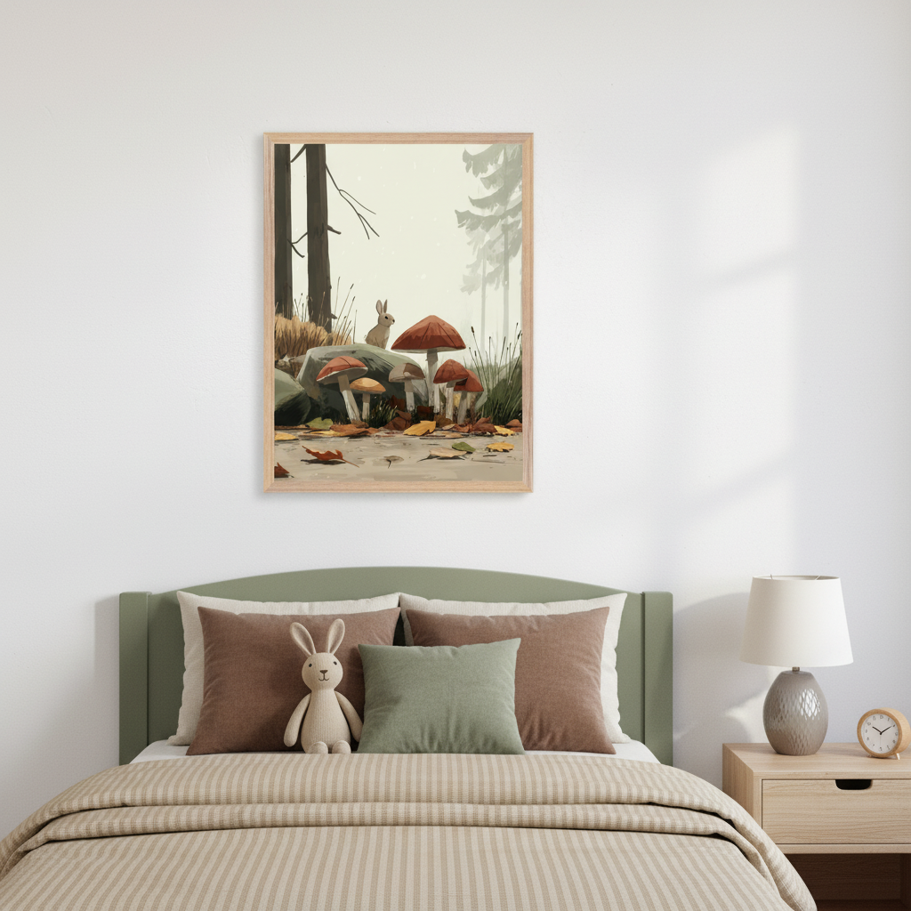 Kid's bedroom with a green-headed bed. A framed illustration of a forest scene with a rabbit, mushrooms, and fallen leaves hangs above the bed. A wooden nightstand is to the right.