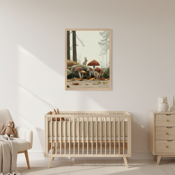Modern nursery with a wooden crib and dresser. A light-framed illustration of a rabbit among red mushrooms in a woodland scene hangs on the wall above the crib. An armchair with a teddy bear is to the left.