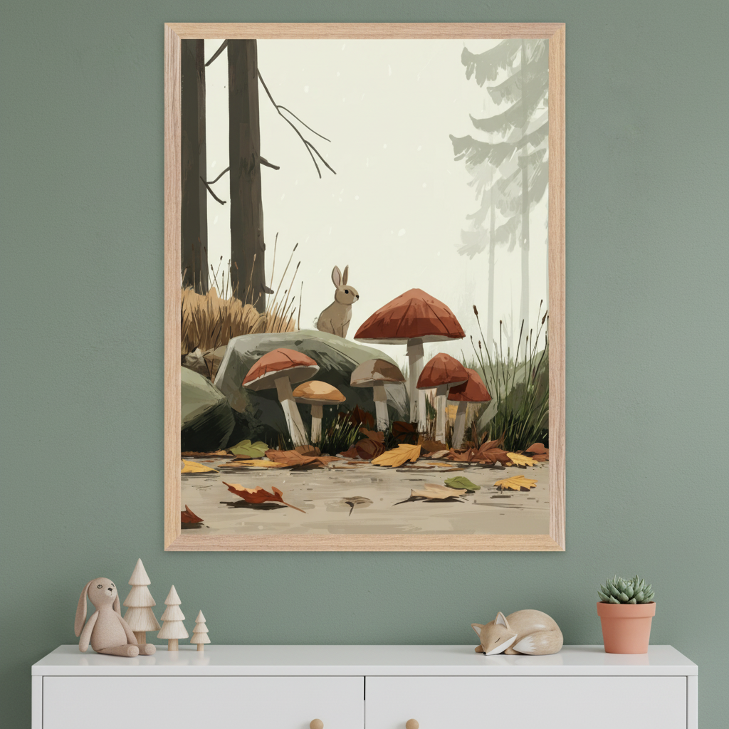 Framed illustration of a woodland scene featuring a small rabbit sitting on a mossy rock behind a cluster of red and brown mushrooms, with fallen leaves scattered on the forest floor. The artwork hangs above a white cabinet decorated with a plush bunny, wooden trees, a sleeping fox figurine, and a potted succulent.