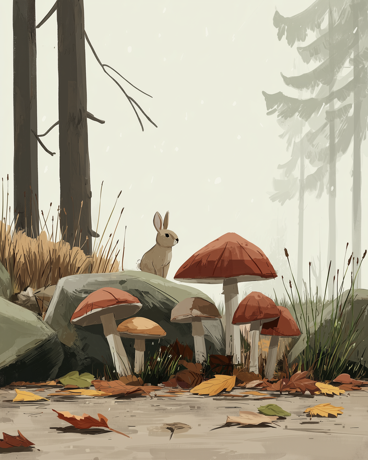 A small rabbit sits on a rock in a forest clearing, surrounded by tall mushrooms with red caps and white stems. Fallen autumn leaves are scattered on the ground, and tall trees stand in the misty background.