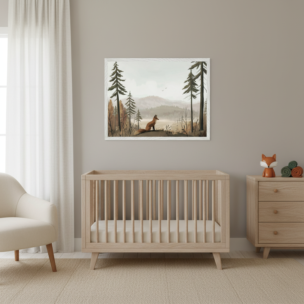 Modern nursery with a light wood crib and dresser. Above the crib, a framed landscape painting shows a fox in a muted, illustrative style forest scene with distant mountains. A cream armchair is on the left.