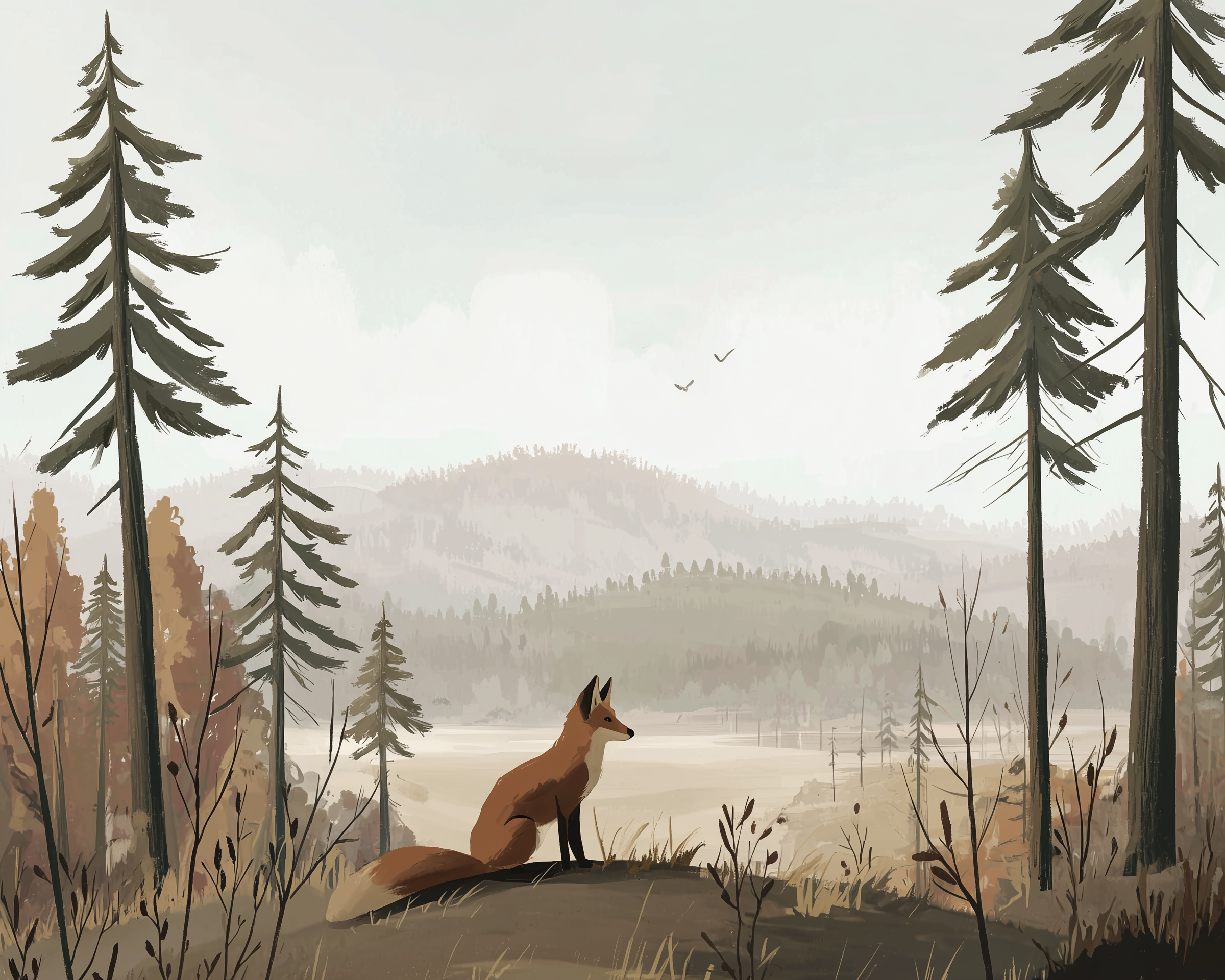 A serene illustration shows a fox sitting on a hill, surrounded by tall pine trees and sparse vegetation. The background features misty, rolling hills and a pale sky with a couple of birds flying.
