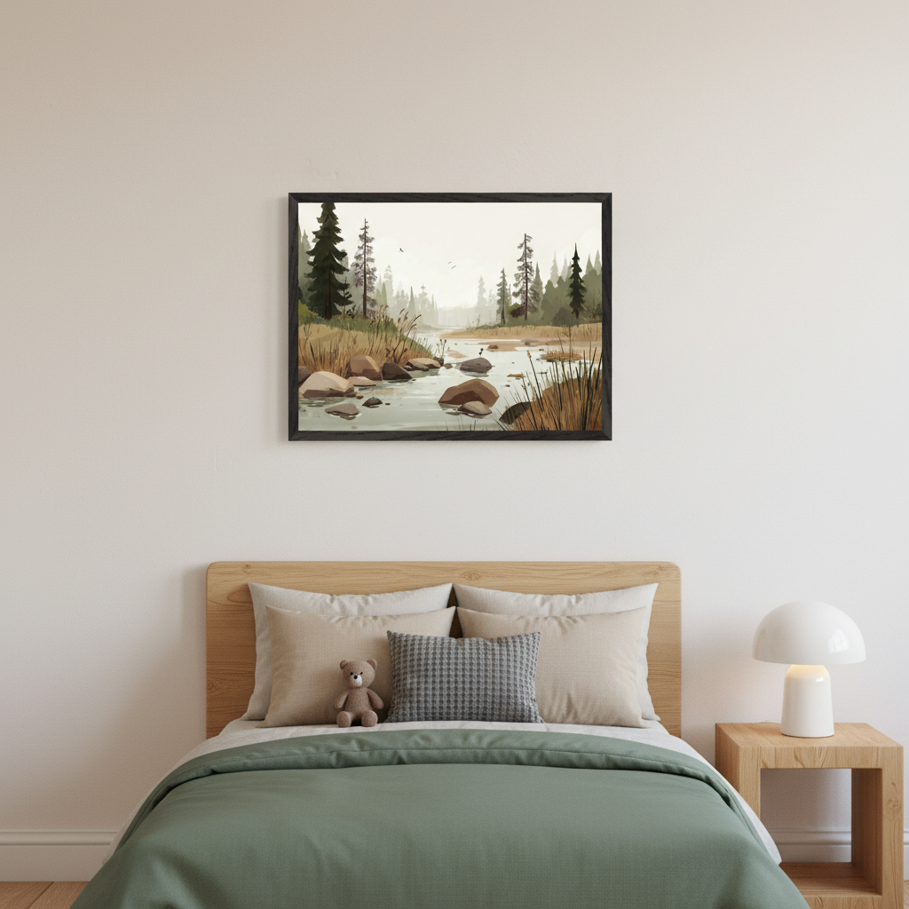 Modern bedroom with a wooden bed, green duvet, and neutral pillows. A teddy bear is on the bed. A framed stylized landscape painting of a river, rocks, and forest hangs centered above the bed. A nightstand with a white lamp is to the right.