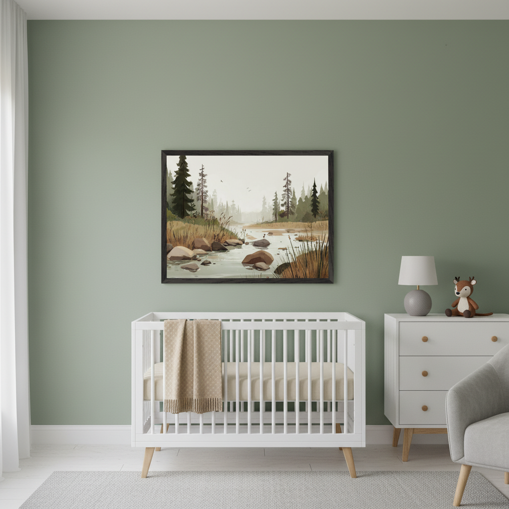 Modern nursery with sage green walls, a white crib, dresser, and gray armchair. A large framed landscape illustration of a river, rocks, trees, and tall grasses hangs centered above the crib.