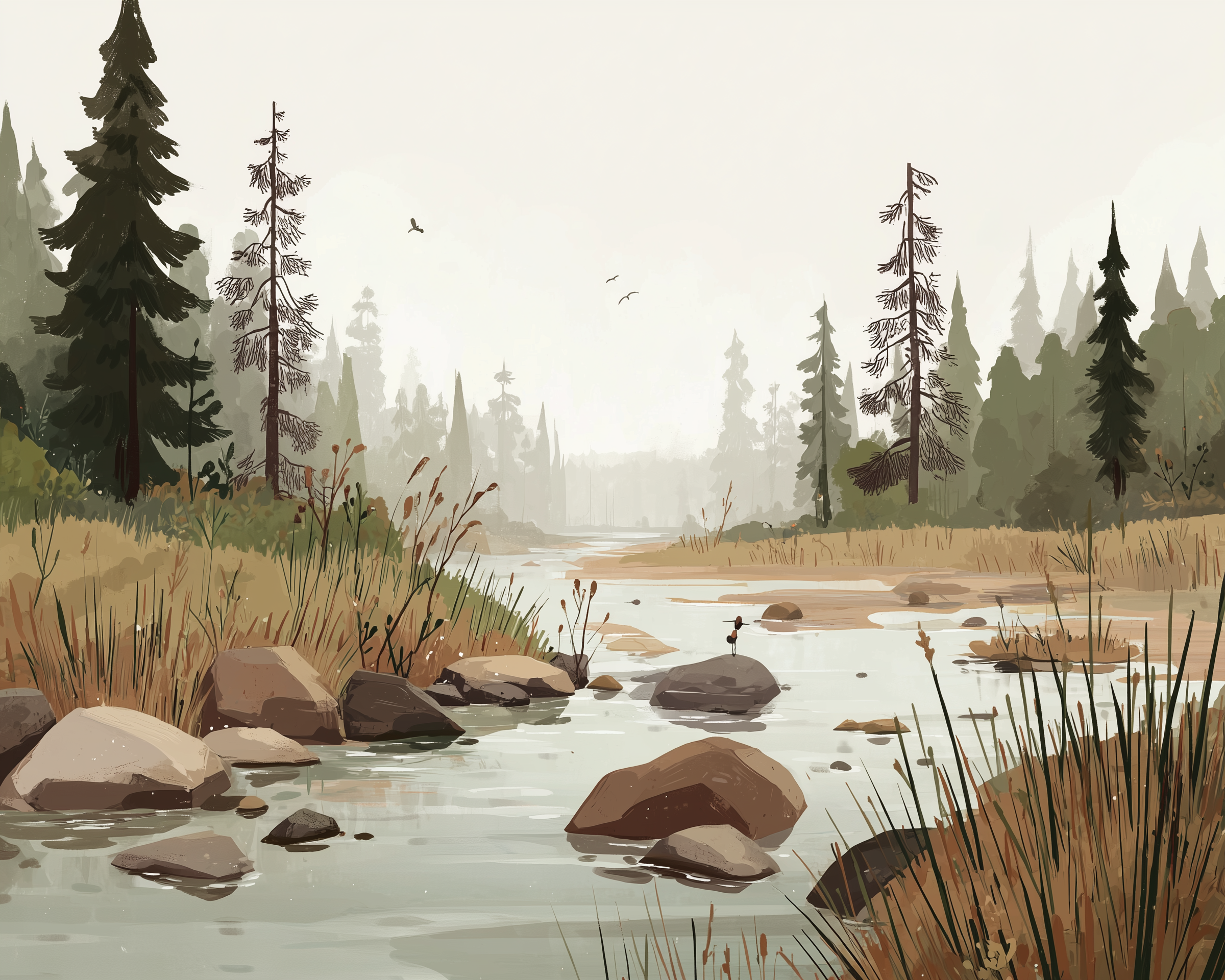 A serene landscape features a gently flowing river bordered by rocks and tall grasses, surrounded by a dense forest of evergreen trees under a misty sky. Birds soar above, adding to the tranquil atmosphere.