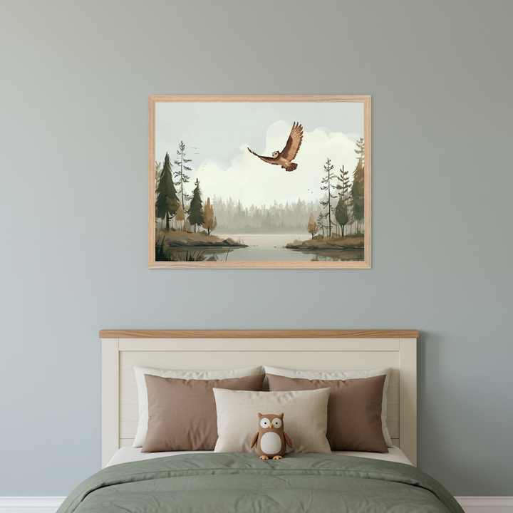 Modern bedroom with a cream and wood bed. A large framed painting of an owl flying over a lake and forest hangs centered above the bed. Brown and cream pillows, and an owl plushie are on the bed.