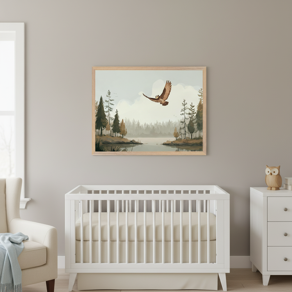 Modern nursery with a white crib. A framed print of a forest lake and flying osprey hangs centered above the crib. A white dresser is to the right, and an armchair to the left.