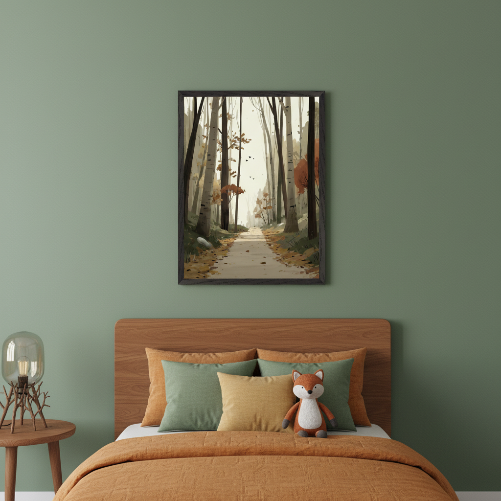 Modern bedroom with a wooden bed, green and orange pillows, and a fox plushie. A wooden side table with a unique lamp is to the left. A framed vertical print of a stylized autumn forest path with tall trees and fallen leaves hangs above the bed on a green wall.