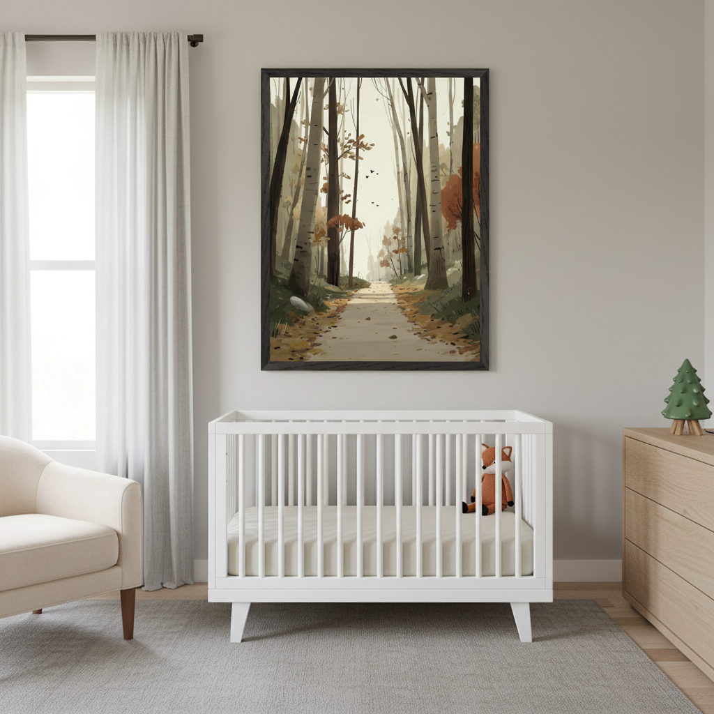 Modern nursery with a white crib, cream armchair, and wood dresser. A large framed print of an illustrated autumn forest path hangs above the crib.