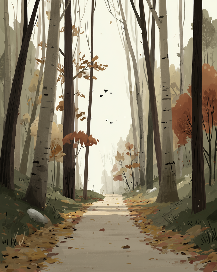 A serene forest path is lined with tall, slender trees, their leaves turning shades of orange and brown. The ground is scattered with fallen leaves, and a few birds are silhouetted against the pale sky, adding a sense of tranquility to the scene.