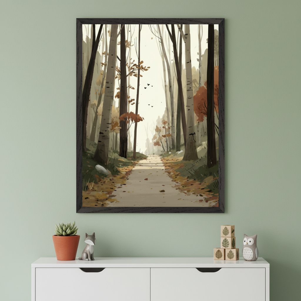 Modern room with a white dresser against a sage green wall. A framed vertical painting depicting an autumn forest path with tall trees and fallen leaves hangs centered above the dresser. A succulent, fox figurine, wooden blocks, and an owl figurine are on the dresser.