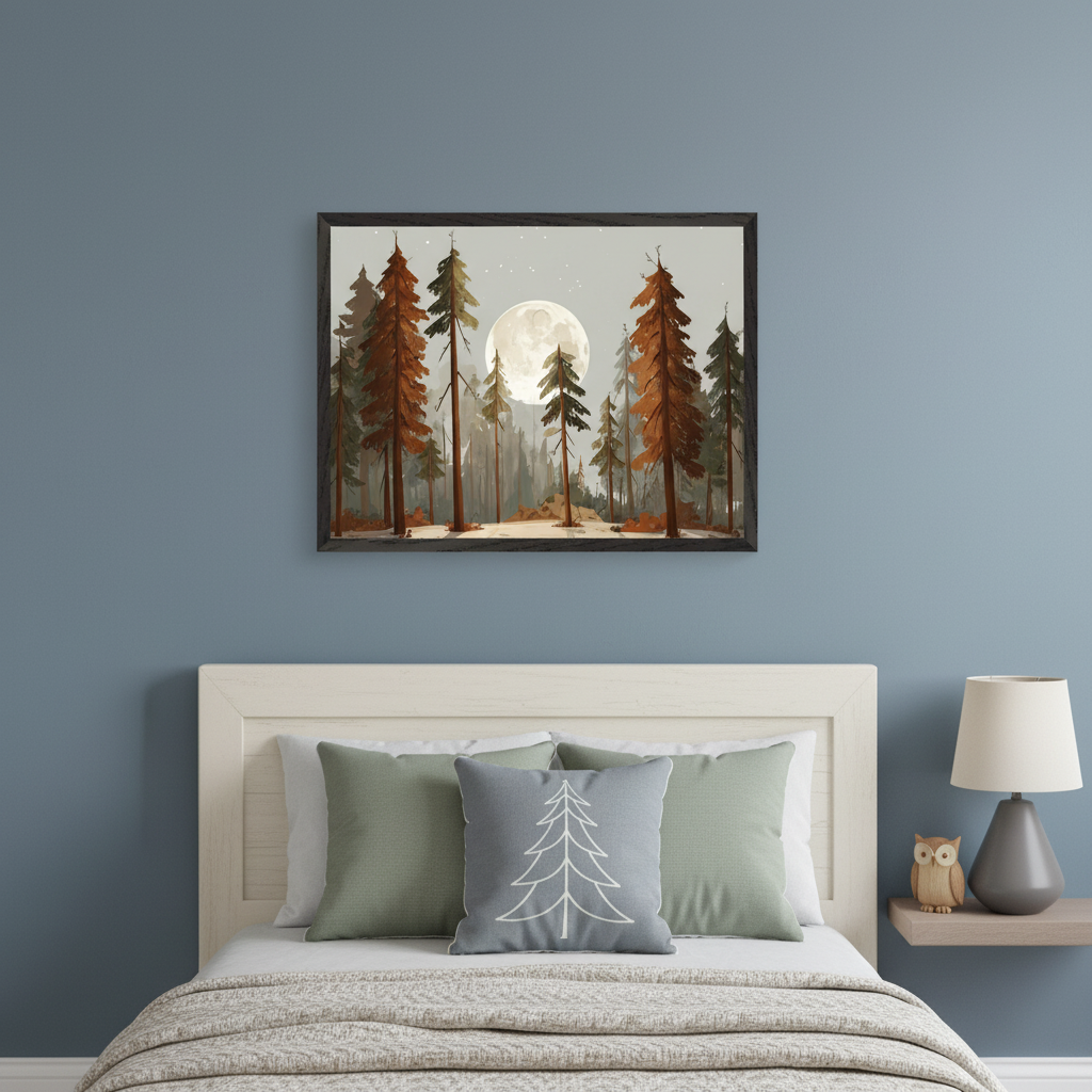 Cozy bedroom with a white bed and wooden headboard. Green pillows and a gray pillow with a white tree outline are on the bed. A framed painting of a moonlit forest with tall pine trees hangs centered above the bed. A small bedside table with a lamp and owl figurine is to the right.
