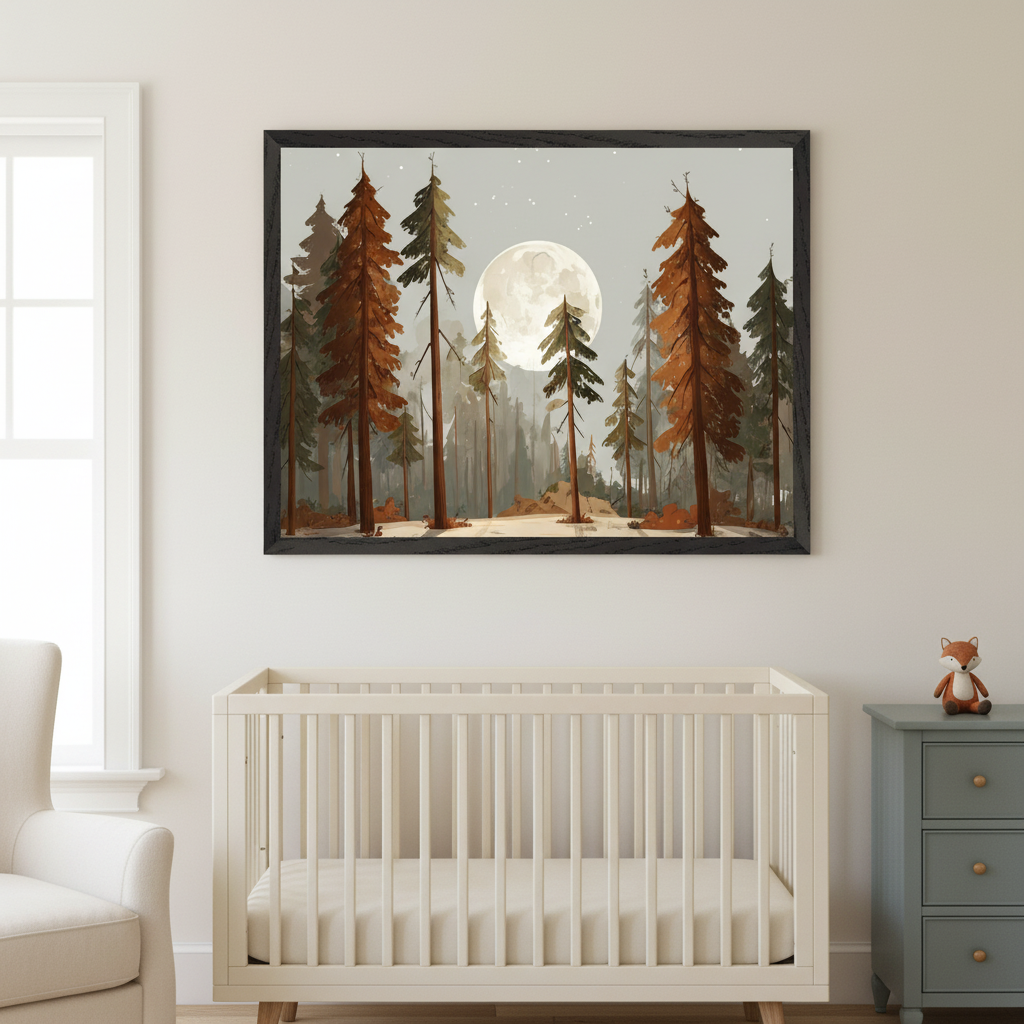 Modern nursery with a white crib, cream armchair, and blue dresser. A large framed painting of a moonlit forest with tall brown and green trees and a starry sky hangs above the crib. A small fox toy sits on the dresser.