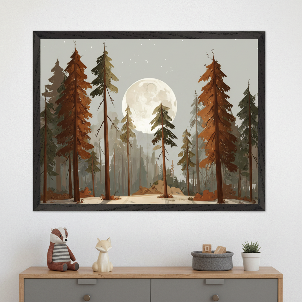 A framed woodland illustration featuring tall pine trees in earthy green and rust tones, with a large full moon glowing behind them in a misty night sky. The print hangs above a wooden dresser decorated with a stuffed badger toy, a ceramic fox, a small basket of wooden blocks, and a potted plant, creating a cozy nursery or child's room setting.