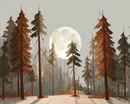 A serene forest scene with tall, slender trees in shades of brown and green, standing under a large, luminous full moon. The ground is lightly dusted with snow, and the sky is dotted with small, sparkling stars, creating a tranquil, wintry atmosphere.