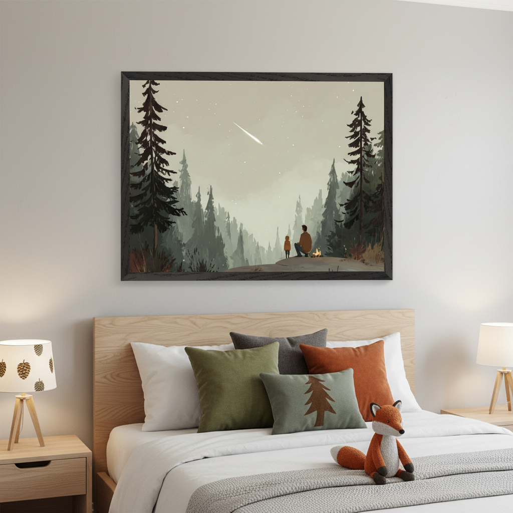 Modern bedroom with a light wood bed and white bedding. A large black-framed art print hangs above the bed, depicting an illustrative forest scene with a father and child by a campfire watching a shooting star in the night sky. Olive green and rust pillows, plus a fox plushie are on the bed.