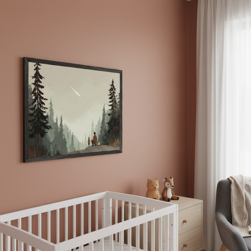 Modern nursery with a white crib, wooden dresser, and grey armchair. A large framed print hangs above the crib, showing a father and child by a campfire in a forest, watching a shooting star in an illustrative style.