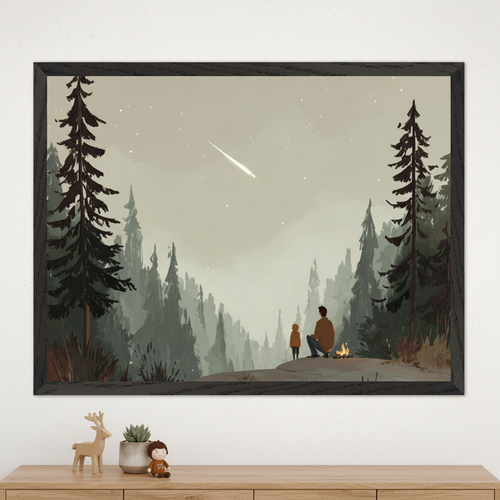 Framed illustration of an adult and child sitting by a small campfire on a forested cliffside, gazing at a shooting star in a misty night sky. The tall pine trees and soft lighting create a peaceful, contemplative mood, while the dresser below holds a toy deer, plant, and small doll for a cozy, childlike touch.