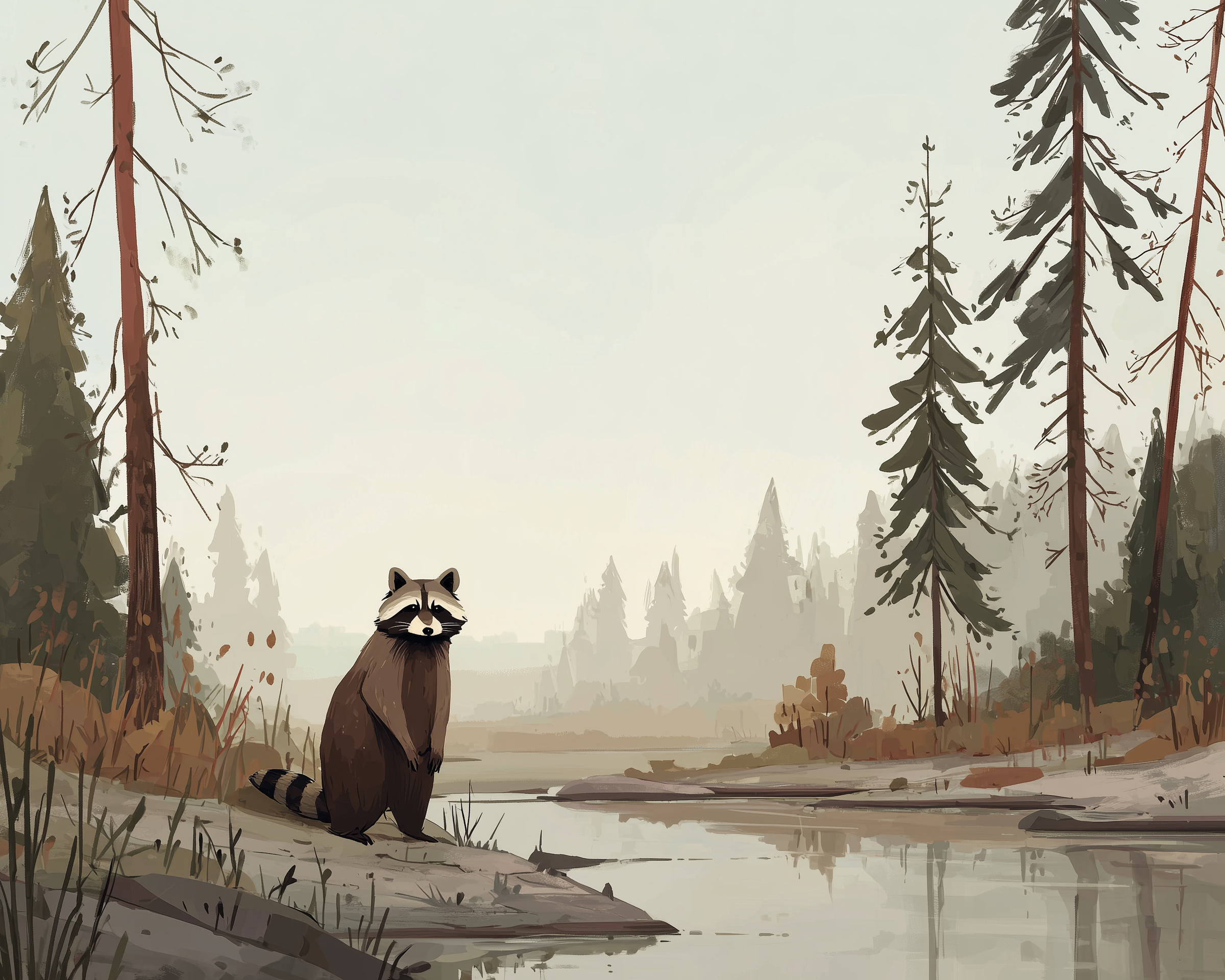 A raccoon stands on a rocky riverbank in a serene forest setting, surrounded by tall pine trees and reflecting water. The scene is painted in soft, muted tones, creating a tranquil atmosphere.
