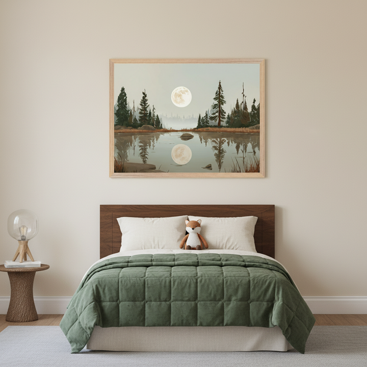 Kid's bedroom with a bed featuring a dark wood headboard. A light wood framed painting of a moonlit lake landscape with pine trees and their reflections hangs centered above the bed. A fox plush sits on the bed, and a side table with a lamp is to the left.