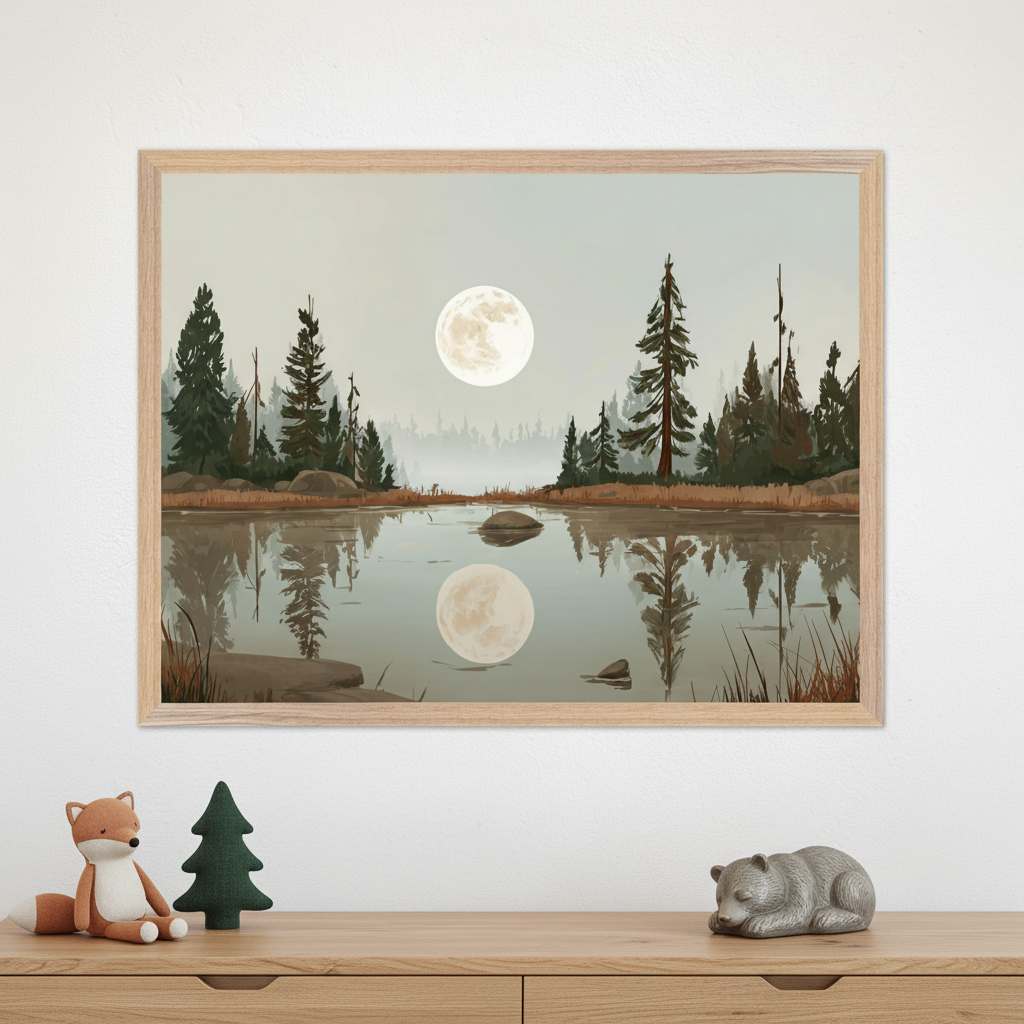 Wanderwood Moon Wall Art for Nursery, Playroom or Kids Bedrooms - Forest Lake with Full Moon Reflection - Moonlit Mirror