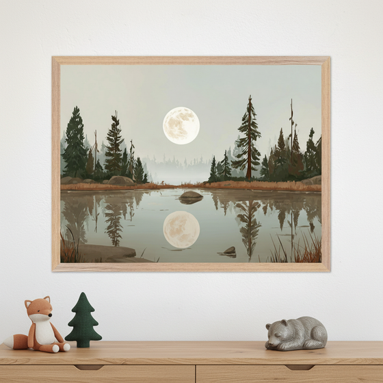 Framed wall art featuring a full moon rising over a calm lake, with the moon and surrounding pine trees reflected in the water. Displayed above a wooden dresser with a plush fox, a felt tree, and a small sleeping bear figurine.