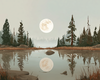 A serene landscape with a full moon illuminating a tranquil lake, surrounded by tall evergreen trees. The moon and trees are beautifully reflected in the still water, creating a mirror-like effect. The scene is framed by soft, misty skies and rocky shores, enhancing the peaceful atmosphere.