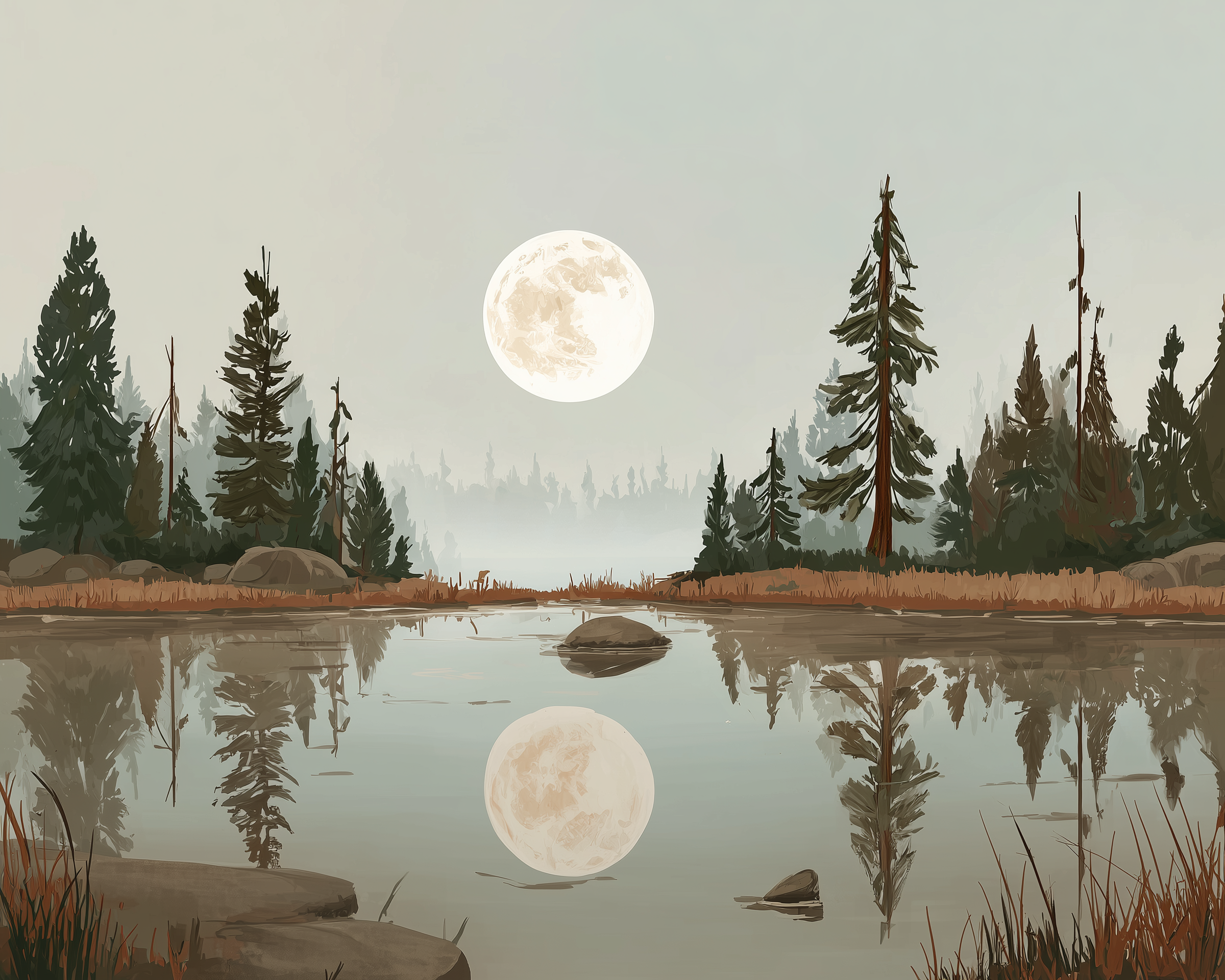 Wanderwood Moon Wall Art for Nursery, Playroom or Kids Bedrooms - Forest Lake with Full Moon Reflection - Moonlit Mirror