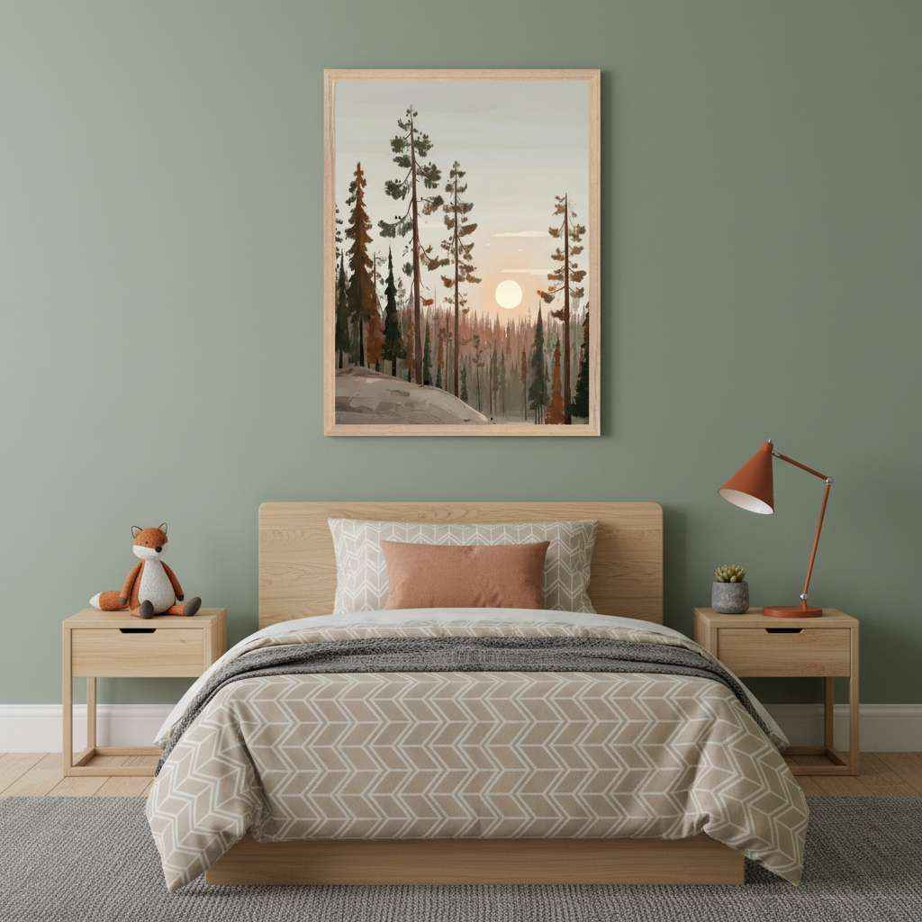 Modern kid's bedroom with a light wood platform bed and two nightstands. A framed painting of a forest at sunset hangs centrally above the bed.