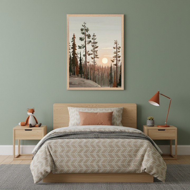 Modern kid's bedroom with a light wood platform bed and two nightstands. A framed painting of a forest at sunset hangs centrally above the bed.