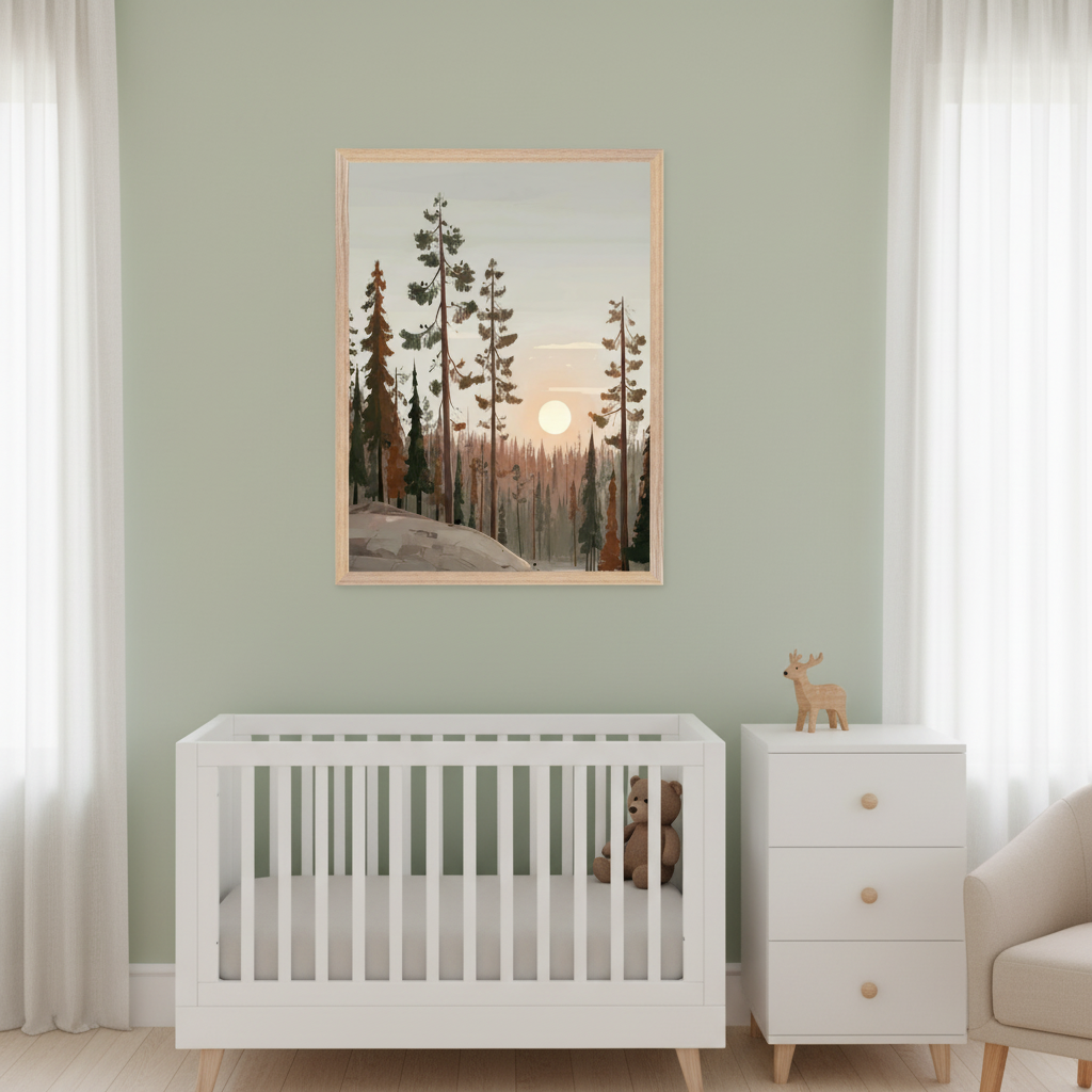 Modern nursery with a white crib and white dresser against a light green wall. A large framed print of a stylized forest with tall pine trees and a setting sun hangs centered above the crib and dresser.